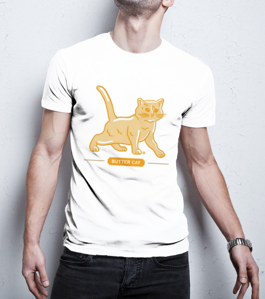 Butter Cat Yellow Orange Cartoon Walking Feline Line T-Shirt