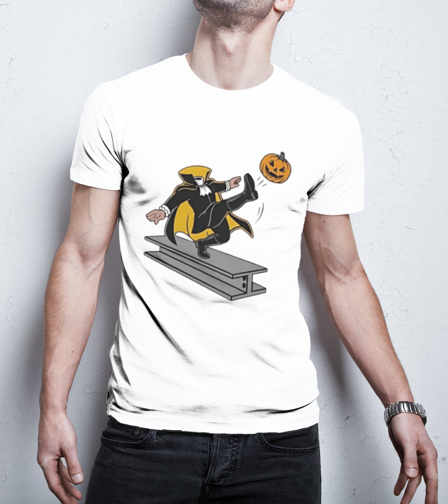 Cartoon Headless Horseman Kicking Jack O Lantern Pumpkin Steel Beam T-Shirt