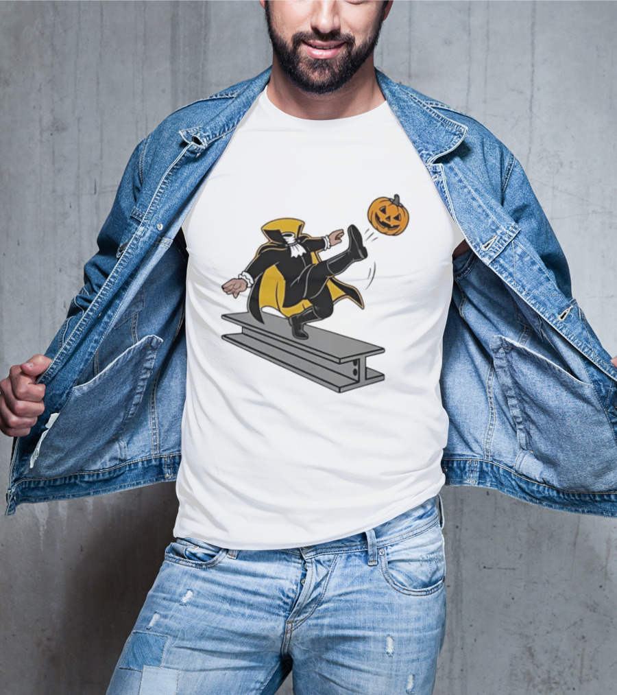 Cartoon Headless Horseman Kicking Jack O Lantern Pumpkin Steel Beam T-Shirt
