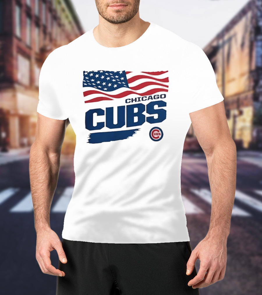 Chicago Cubs American Flag Waving Paint Brush Stroke MLB Cubs T-Shirt