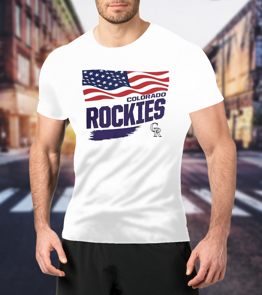 Colorado Rockies MLB American Flag Brush Stroke Waving T-Shirt