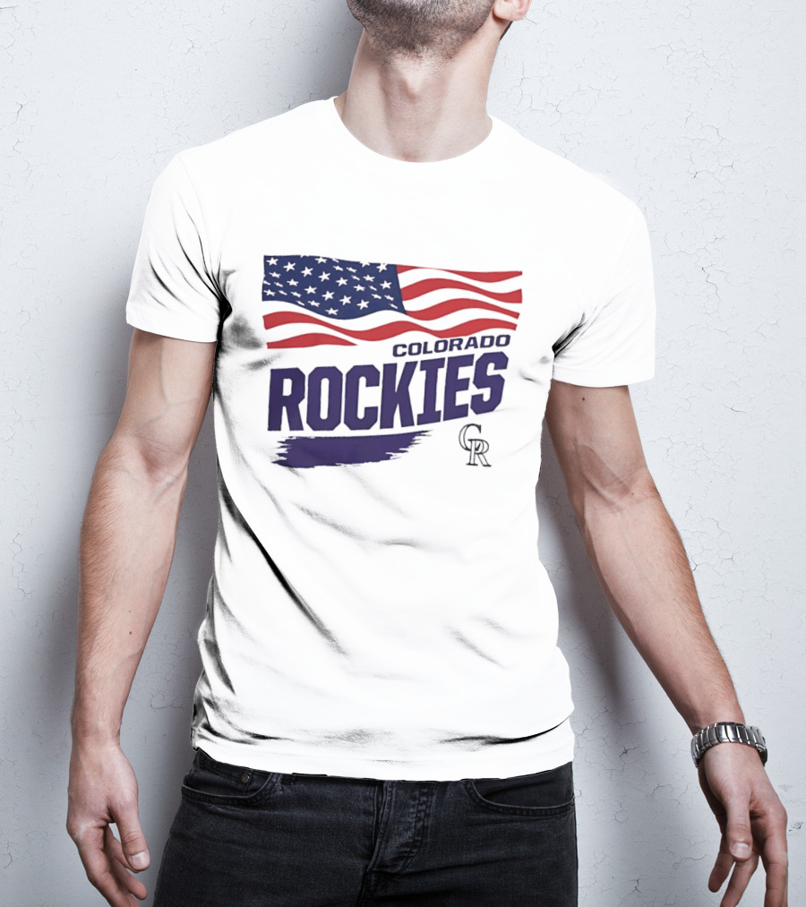 Colorado Rockies MLB American Flag Brush Stroke Waving T-Shirt