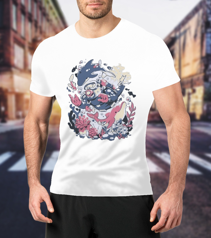 Fangamer Dolphins Dive Underwater Adventure With Diver And Marine Life T-Shirt