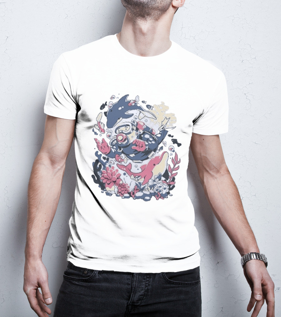 Fangamer Dolphins Dive Underwater Adventure With Diver And Marine Life T-Shirt