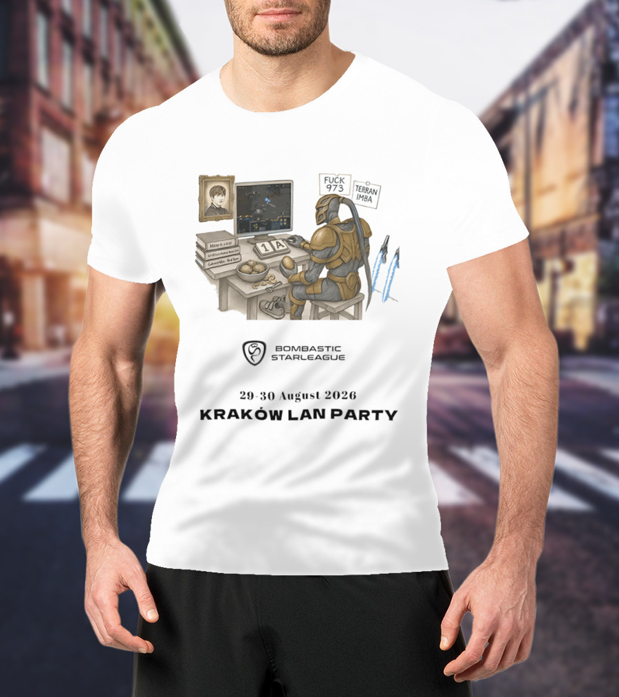 Bombastic StarLeague LAN Party Kraków August 2026 Terran Imba Micro Trap Nexus Gatewayman T-Shirt