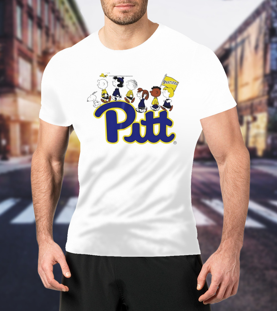 Pittsburgh Panthers Peanuts Characters With Pitt Flag T-Shirt