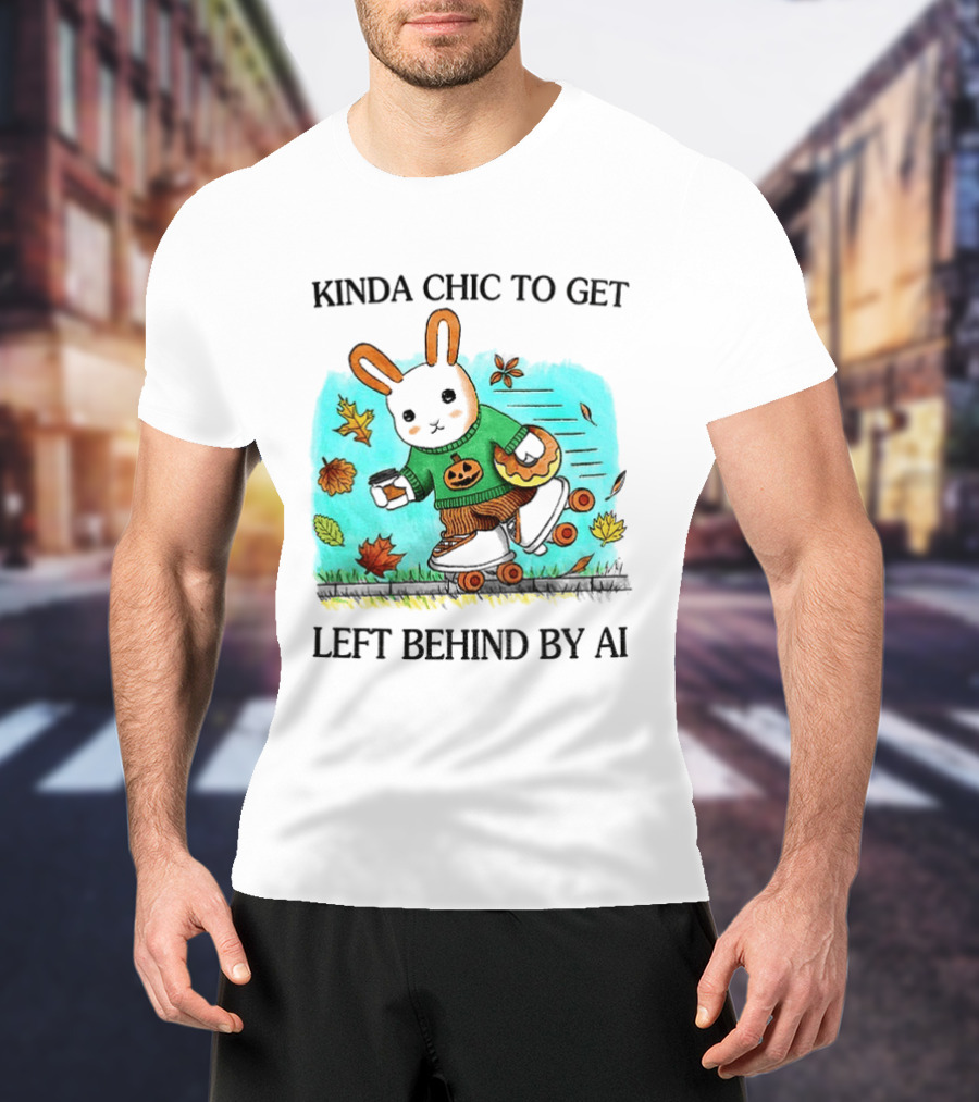 Kinda Chic Rabbit Roller Skating With Pumpkin Happy Fall Leaves Left Behind By AI T-Shirt