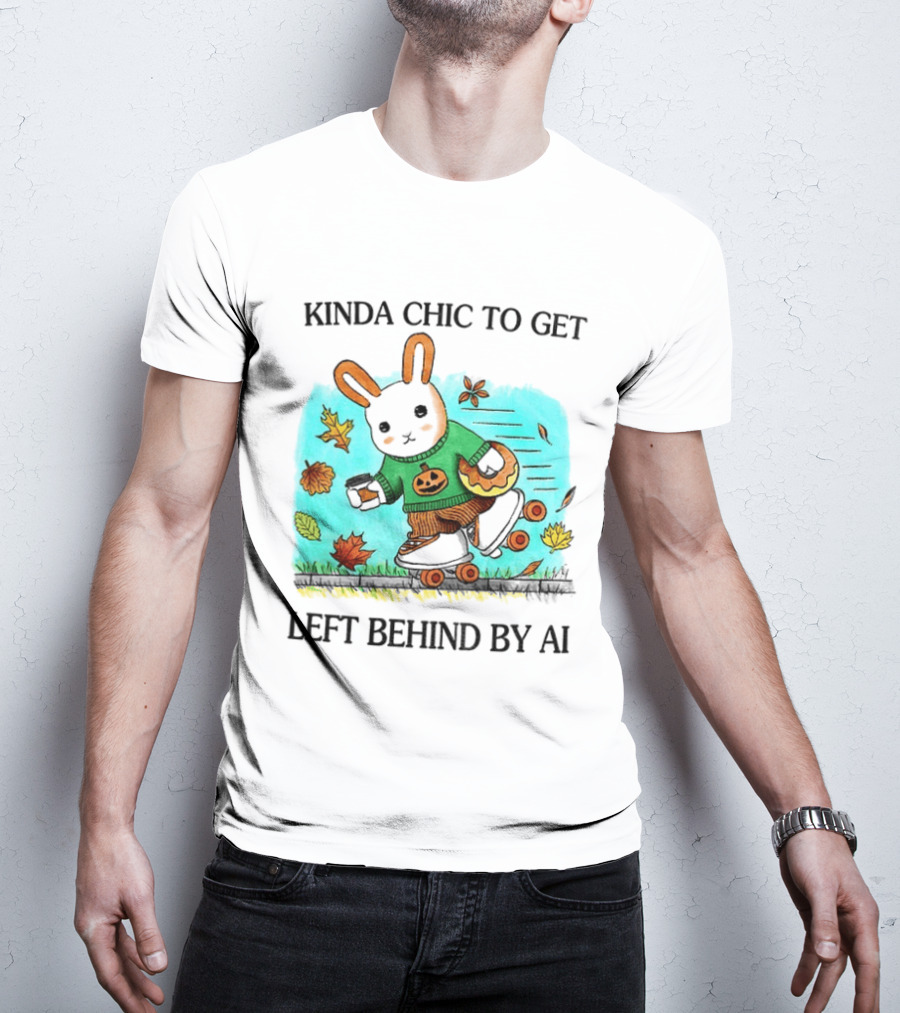 Kinda Chic Rabbit Roller Skating With Pumpkin Happy Fall Leaves Left Behind By AI T-Shirt