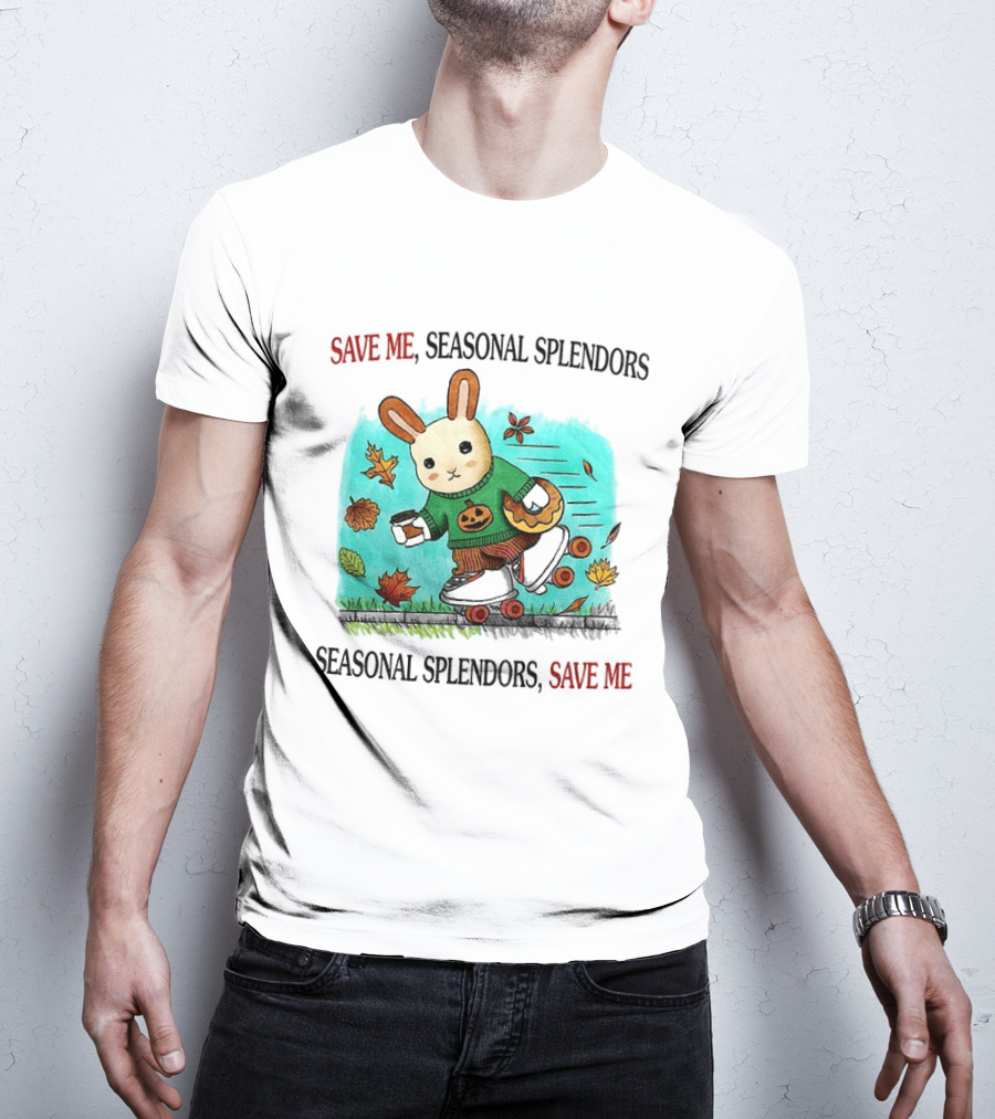 Skater Rabbit With Coffee And Donut Save Me Seasonal Splendors Leaves T-Shirt