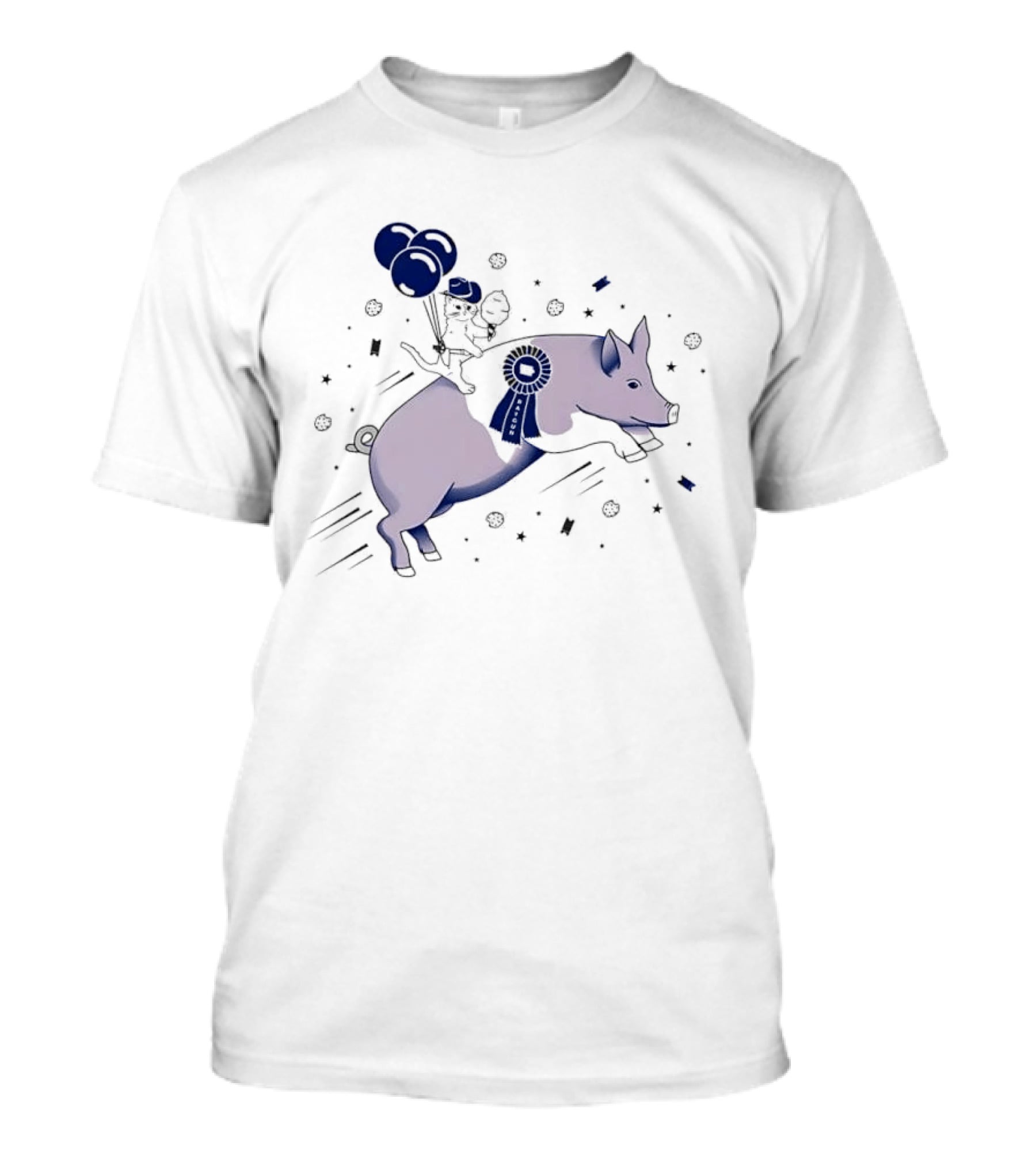 Raygun Cartoon Cowboy Cat Riding Flying Pig With Iowa Ribbon And Balloons T-Shirt