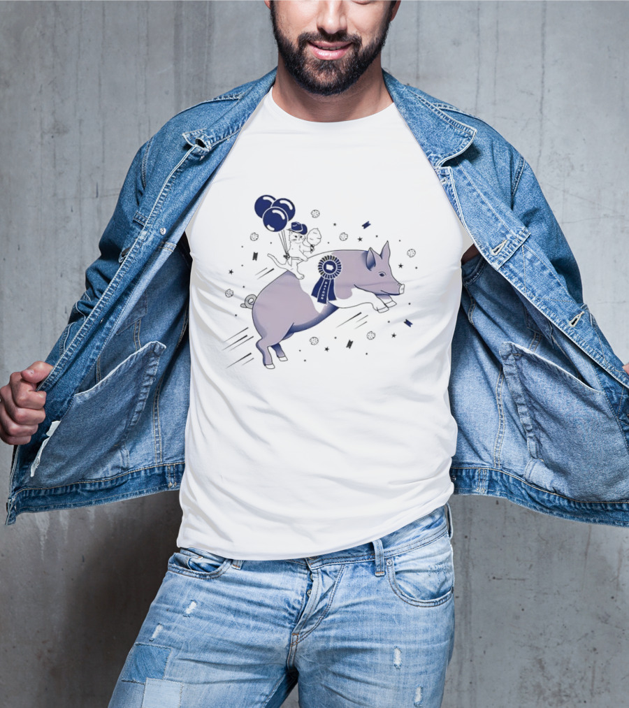 Raygun Cartoon Cowboy Cat Riding Flying Pig With Iowa Ribbon And Balloons T-Shirt
