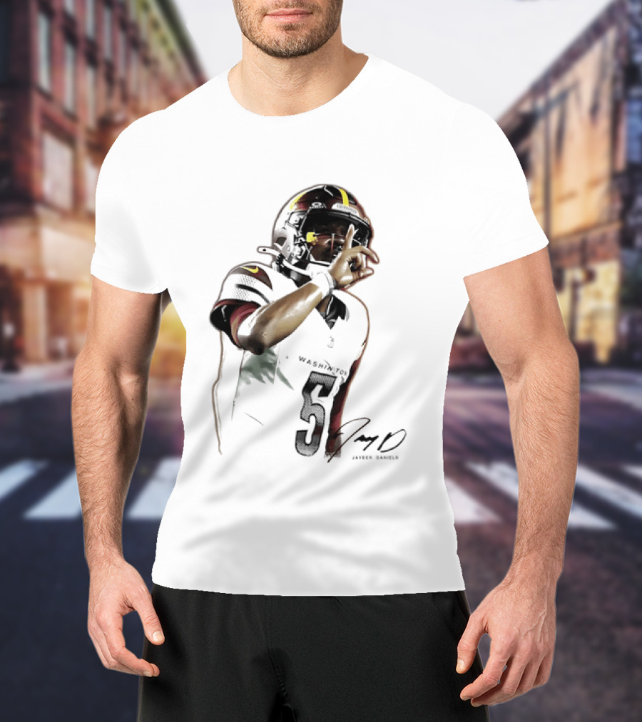 Washington Commanders Jayden Daniels Quarterback Finger To Lips Photo Cutout T-Shirt
