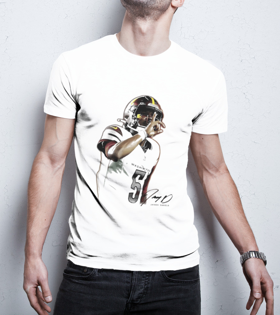 Washington Commanders Jayden Daniels Quarterback Finger To Lips Photo Cutout T-Shirt