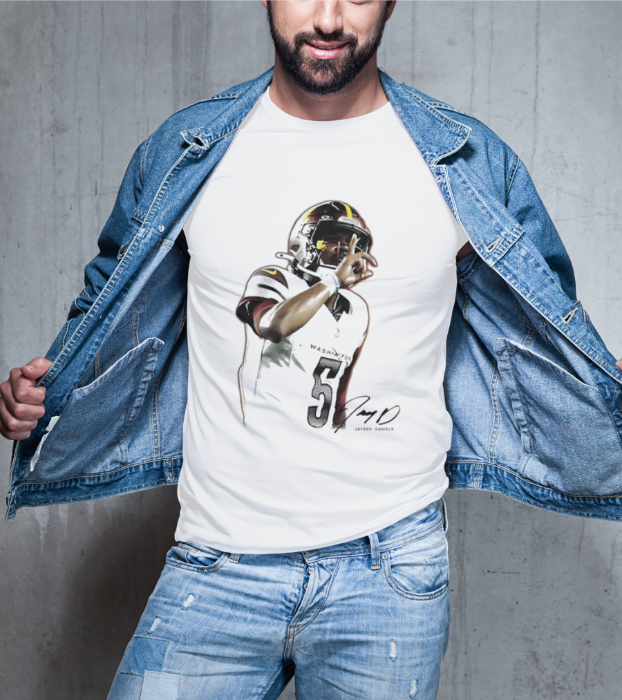 Washington Commanders Jayden Daniels Quarterback Finger To Lips Photo Cutout T-Shirt