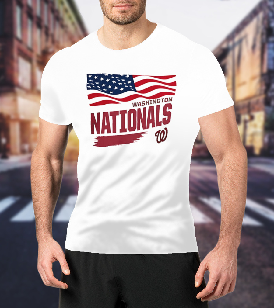 Washington Nationals Waving American Flag Red Brushstroke MLB T-Shirt