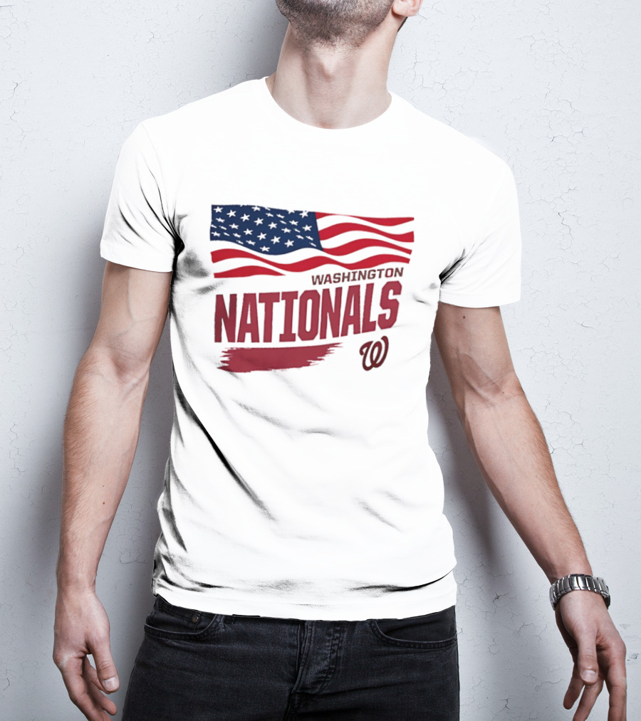 Washington Nationals Waving American Flag Red Brushstroke MLB T-Shirt