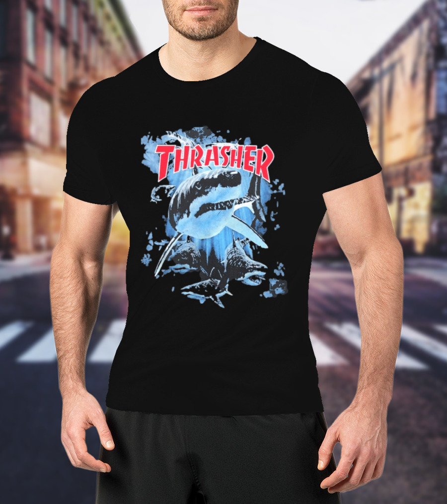 Thrasher Shark Blue Print Skateboarding T-Shirt