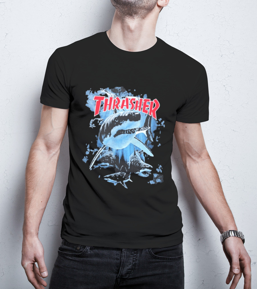 Thrasher Shark Blue Print Skateboarding T-Shirt
