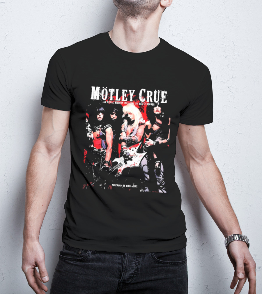 Motley Crue Visual History 1983 2005 Neil Zlozower Nikki Sixx Band Photo White Guitar T-Shirt
