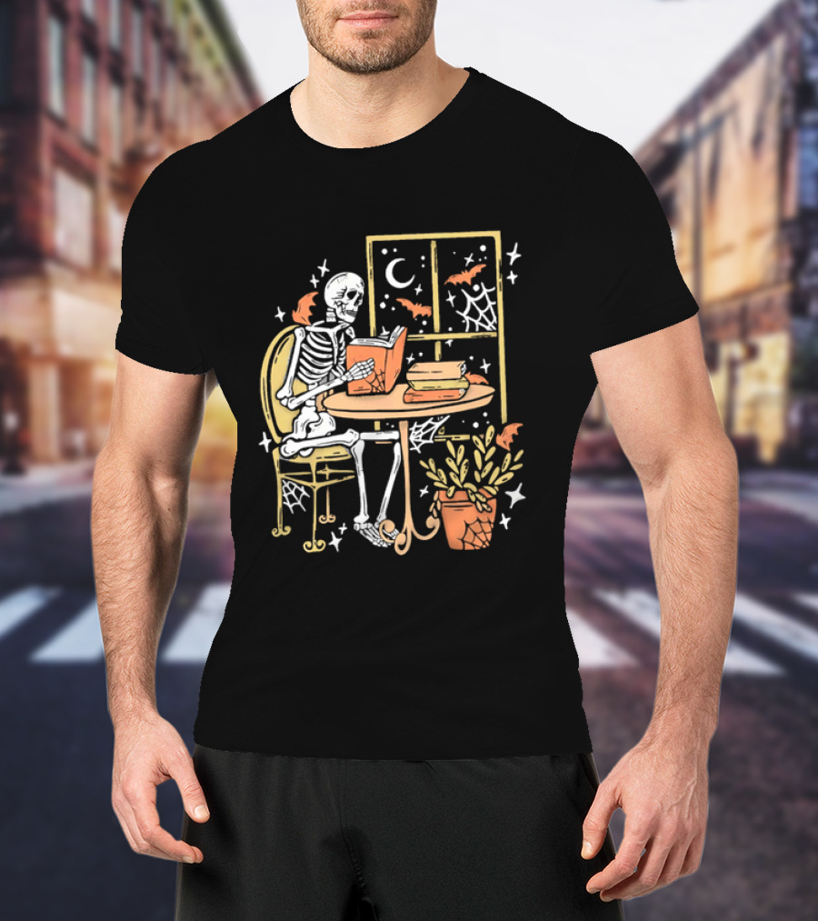 Cartoon Skeleton Reading Under Crescent Moon With Bats Orange Book Table Window T-Shirt