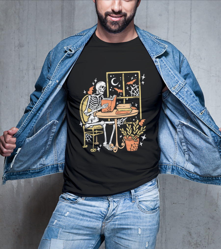 Cartoon Skeleton Reading Under Crescent Moon With Bats Orange Book Table Window T-Shirt