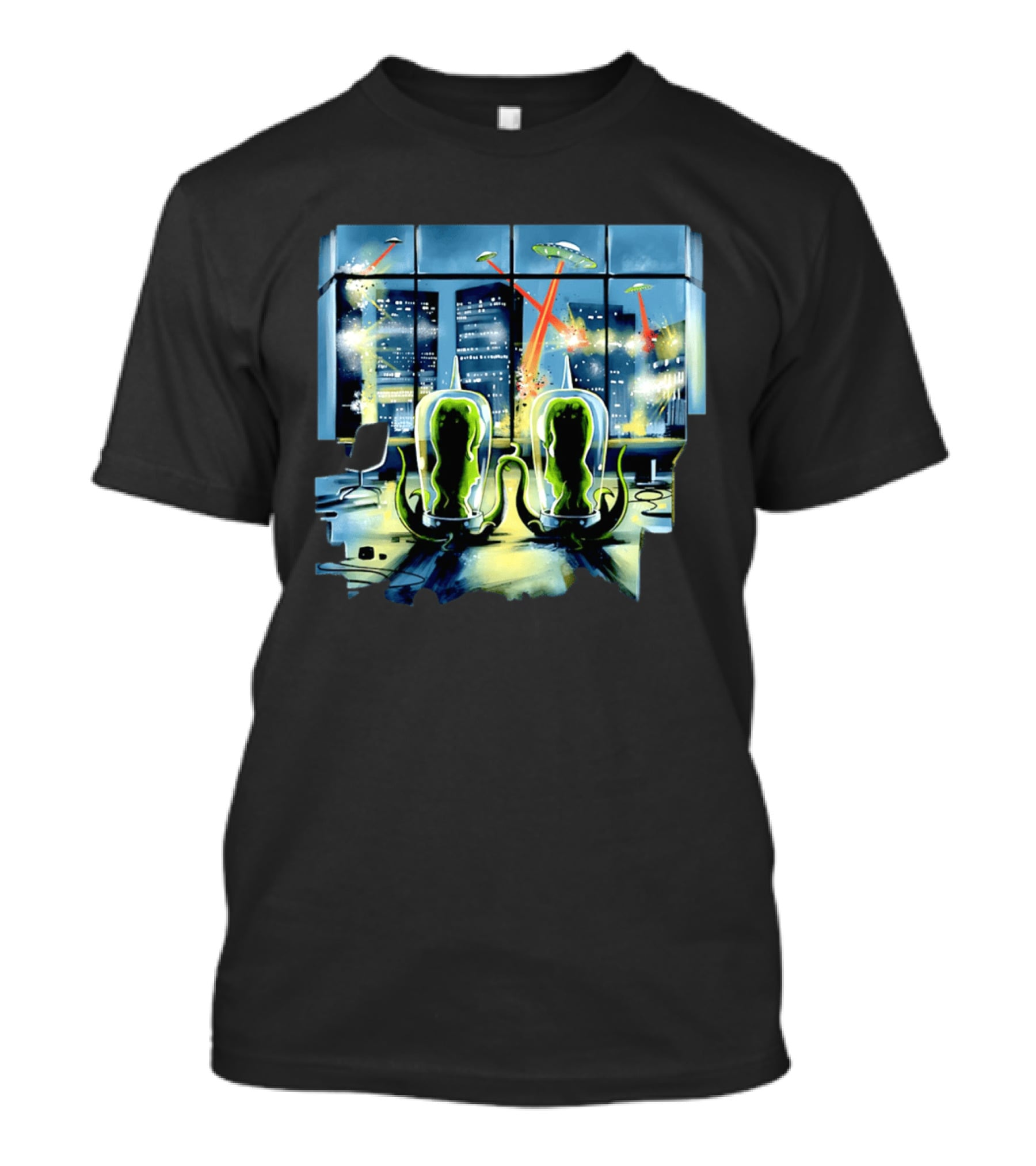 Project Rigel Alien Invasion City Battle Scene With Flying Saucers And Lasers T-Shirt