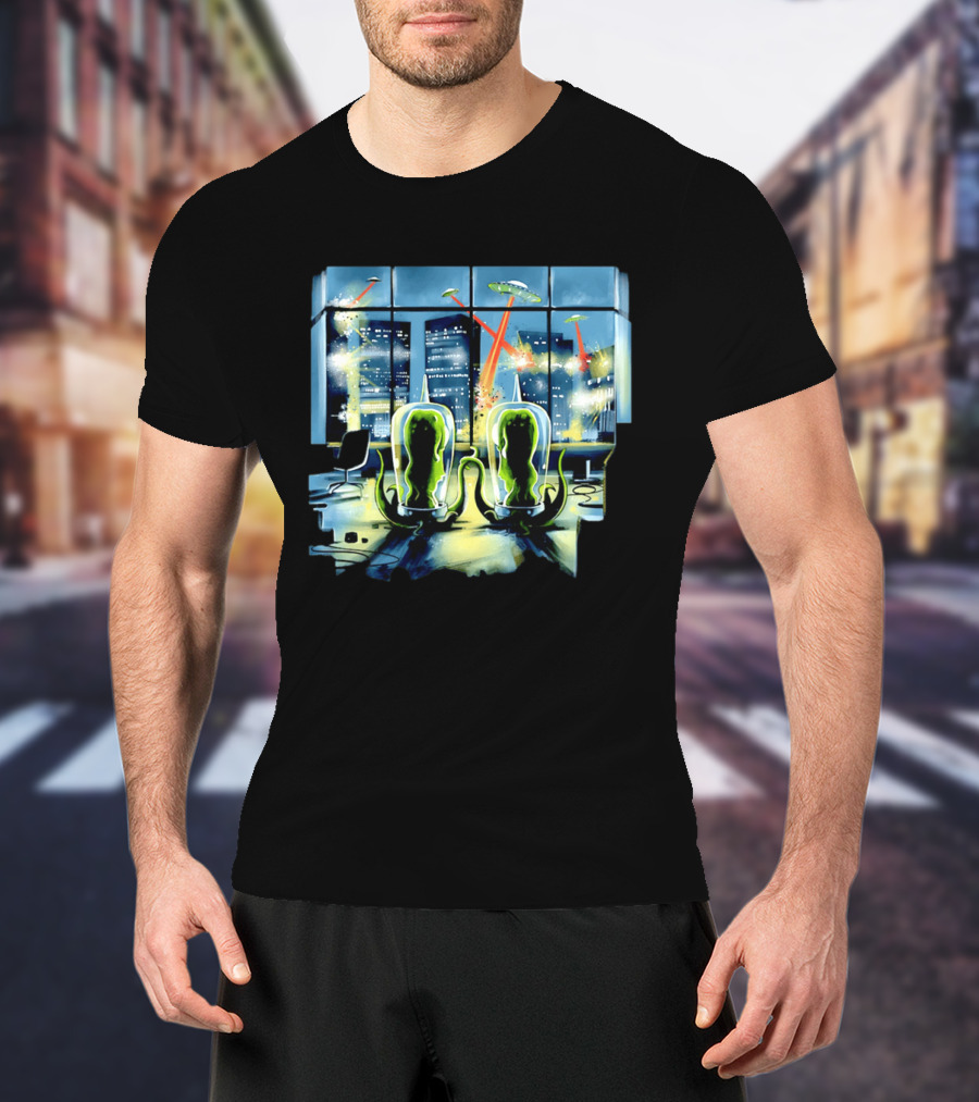Project Rigel Alien Invasion City Battle Scene With Flying Saucers And Lasers T-Shirt