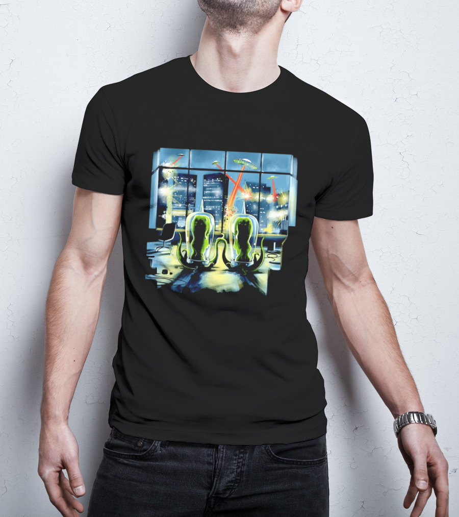 Project Rigel Alien Invasion City Battle Scene With Flying Saucers And Lasers T-Shirt
