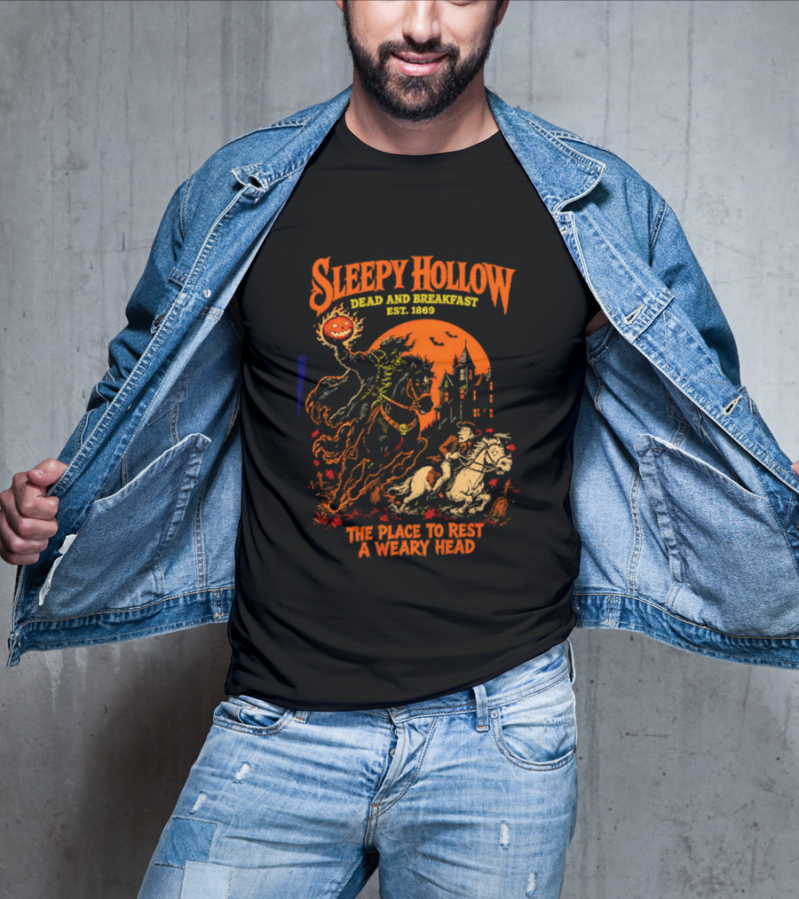 Sleepy Hollow Dead And Breakfast Est 1820 Headless Horseman The Place To Rest A Weary Head Halloween Pumpkin T-Shirt