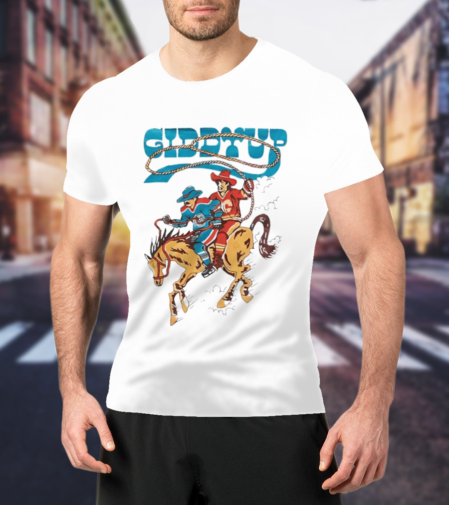 Calgary Flames Edmonton Oilers NHL Hockey Players Giddyup Cartoon Riding Bucking Horse Lasso T-Shirt