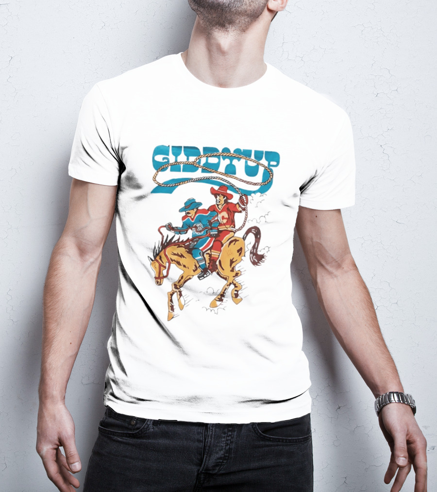 Calgary Flames Edmonton Oilers NHL Hockey Players Giddyup Cartoon Riding Bucking Horse Lasso T-Shirt