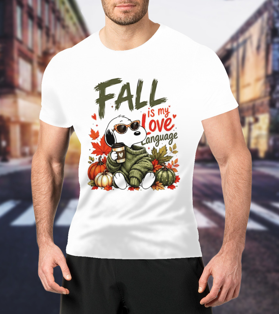 Fall Is My Love Language Cartoon Dog Cozy Green Sweater Pumpkins Leaves Coffee T-Shirt