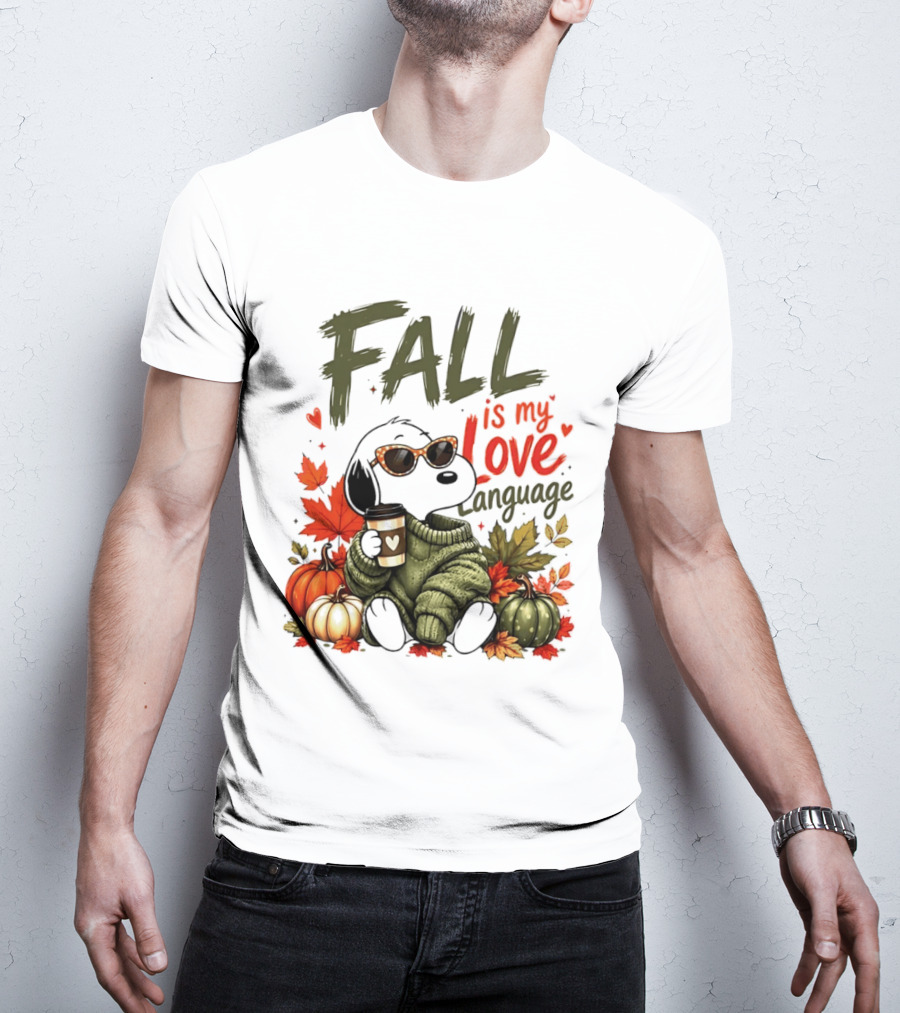 Fall Is My Love Language Cartoon Dog Cozy Green Sweater Pumpkins Leaves Coffee T-Shirt
