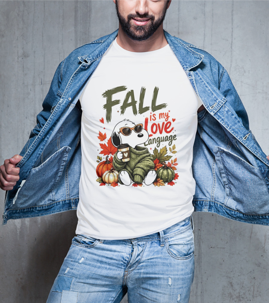 Fall Is My Love Language Cartoon Dog Cozy Green Sweater Pumpkins Leaves Coffee T-Shirt