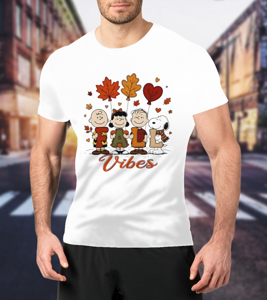 Fall Vibes Peanuts Characters With Leaf Balloons T-Shirt