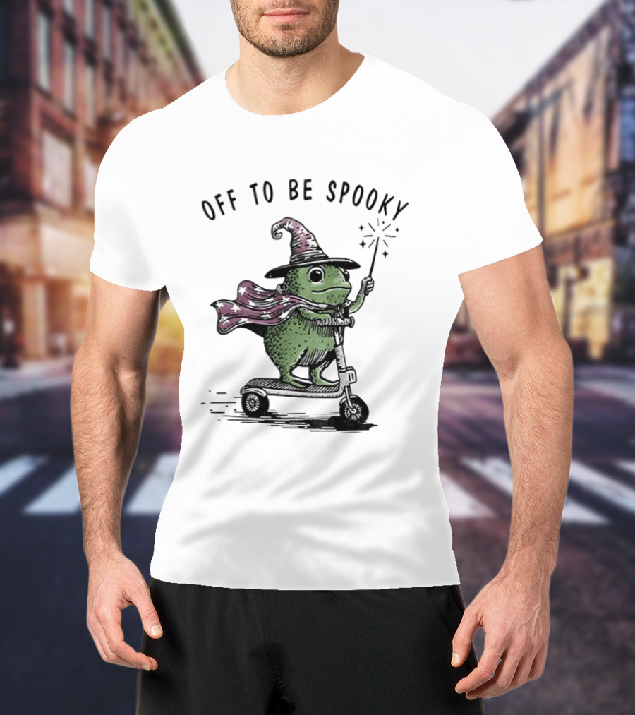 Frog Wizard On Scooter With Cape Off To Be Spooky Magic Wand T-Shirt