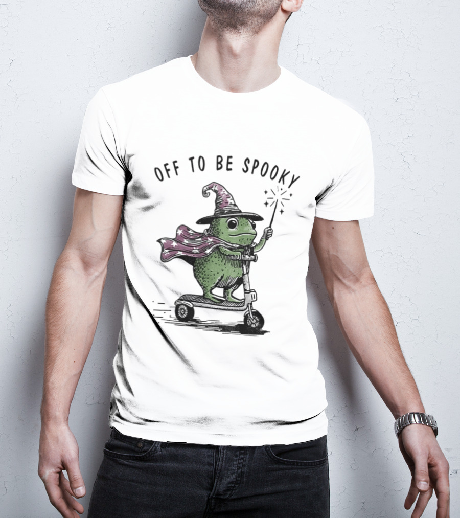 Frog Wizard On Scooter With Cape Off To Be Spooky Magic Wand T-Shirt