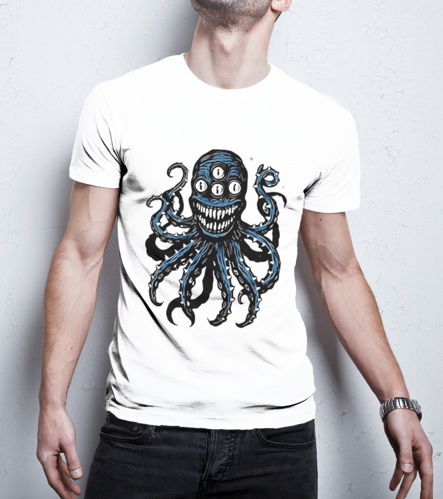 Monstrous Spiky Tentacles Blue Octopus Woodcut T-Shirt