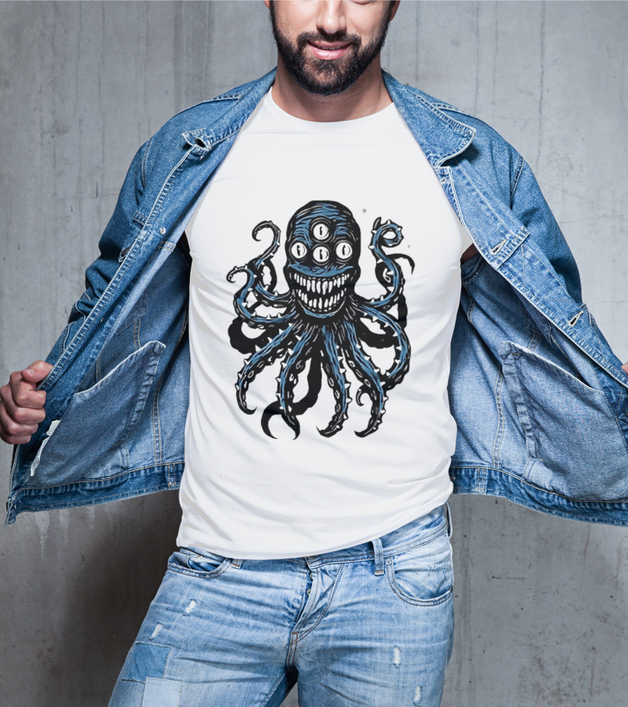 Monstrous Spiky Tentacles Blue Octopus Woodcut T-Shirt