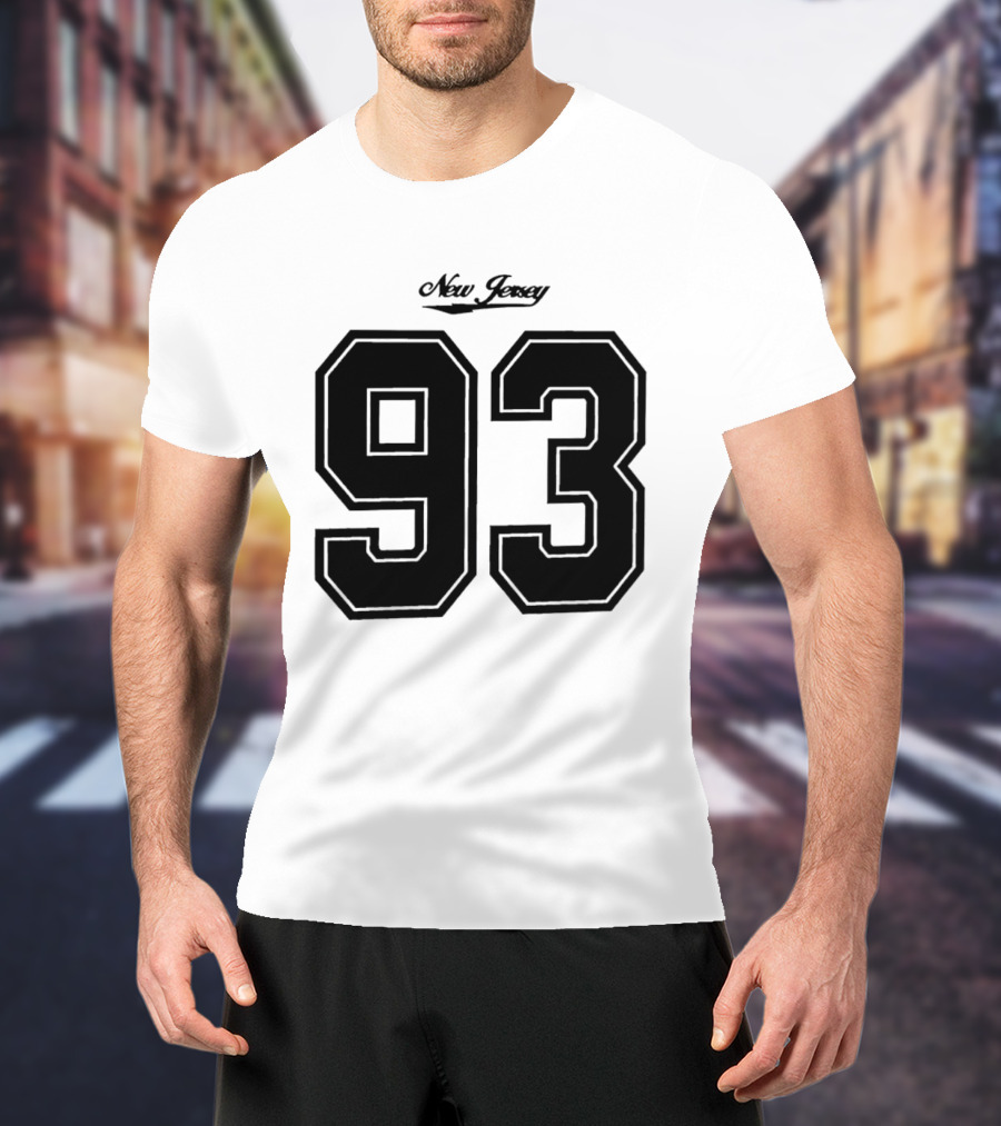New Jersey 93 Cursive Script Black Varsity Block Number T-Shirt