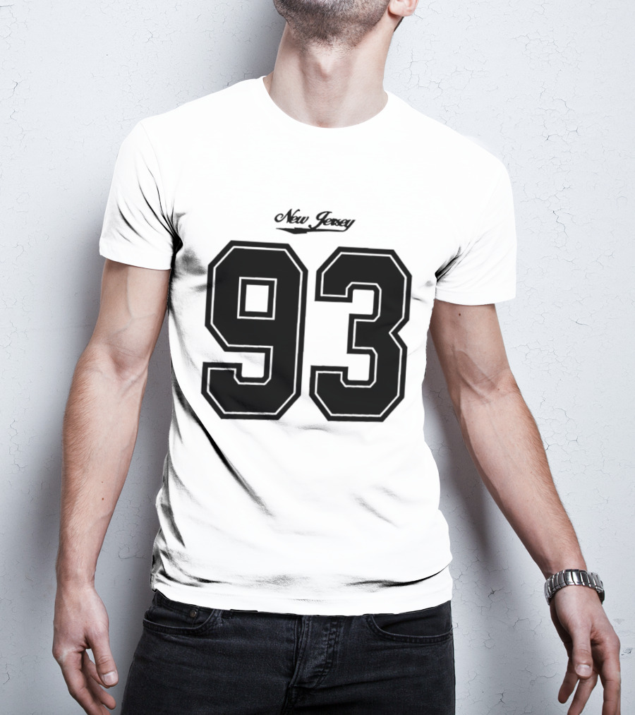 New Jersey 93 Cursive Script Black Varsity Block Number T-Shirt