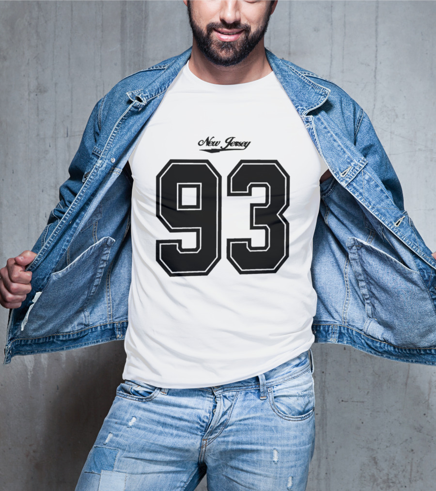 New Jersey 93 Cursive Script Black Varsity Block Number T-Shirt