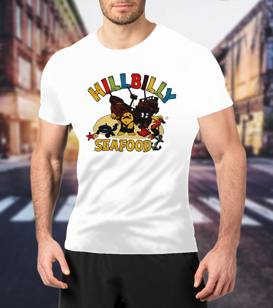 Hillbilly Seafood Cartoon Pirate Ship And Ocean Life Fish Adventure T-Shirt