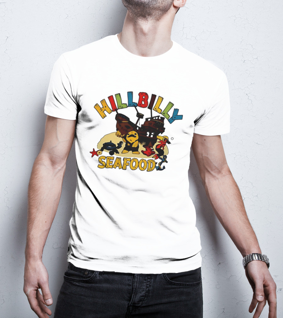Hillbilly Seafood Cartoon Pirate Ship And Ocean Life Fish Adventure T-Shirt