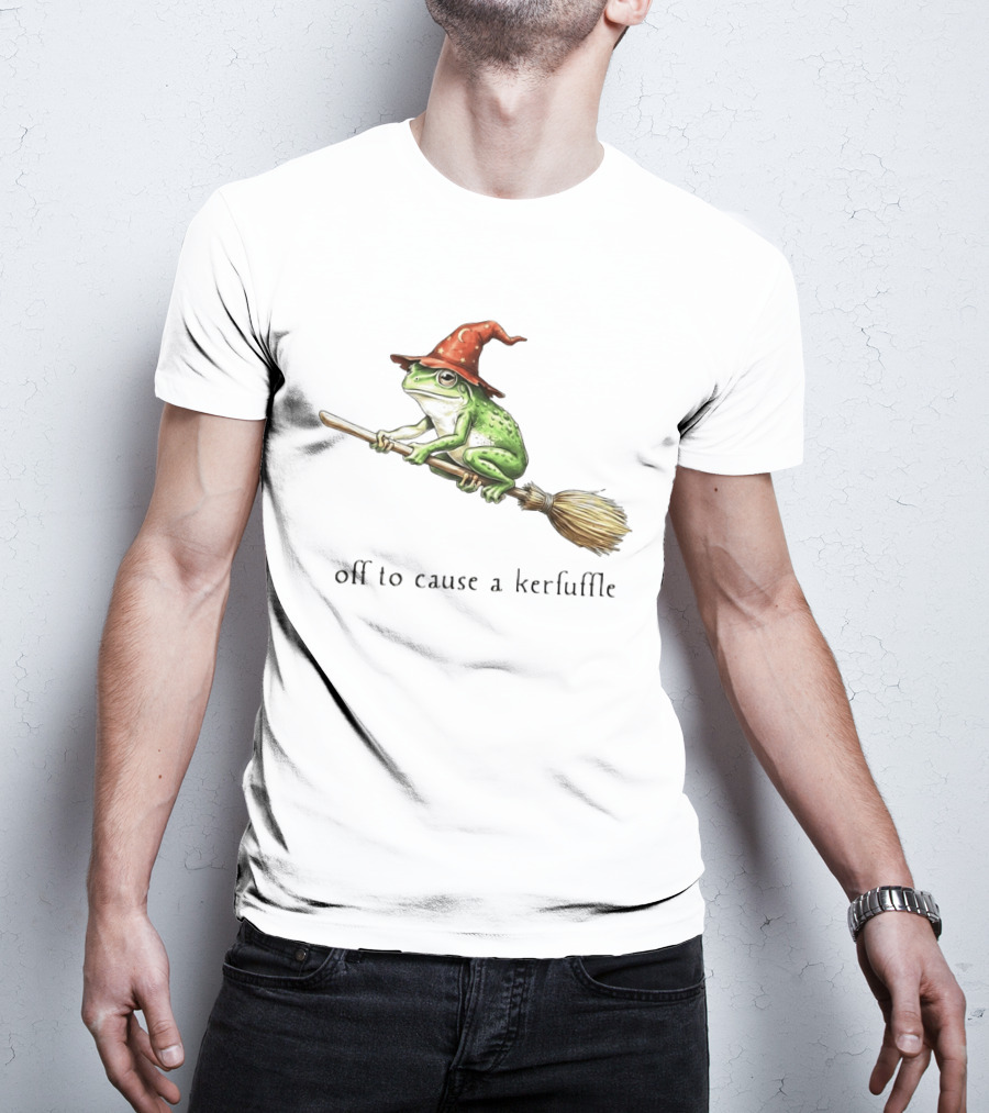 Off To Cause A Kerfuffle Frog Wizard Hat Broomstick Adventure T-Shirt