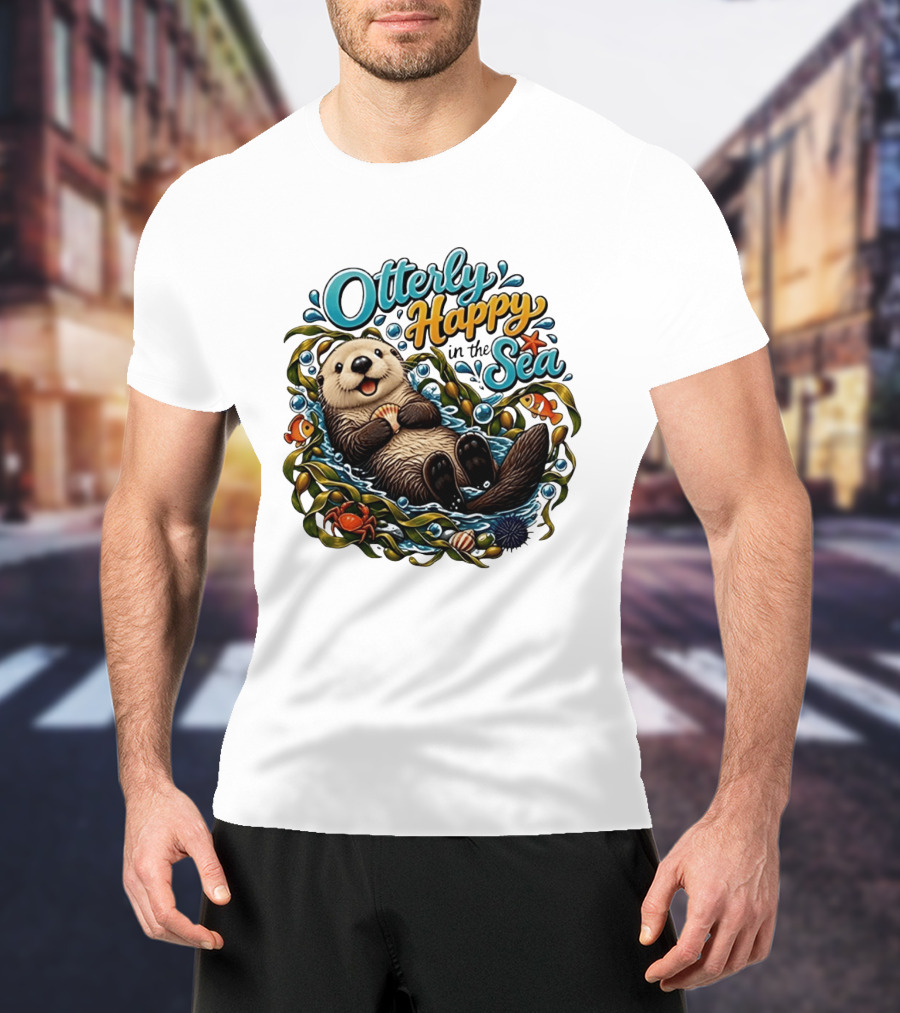 Otterly Happy In The Sea Cartoon Otter Floating With Kelp, Shell, Fish, Crab T-Shirt