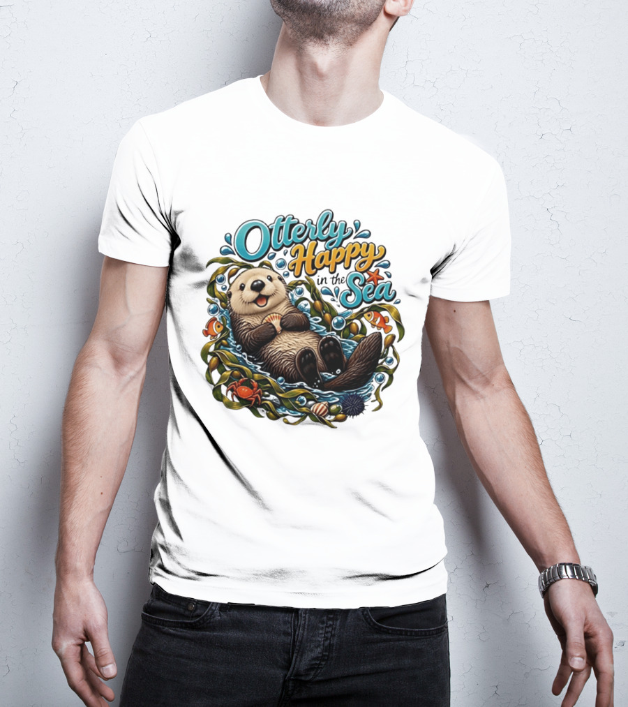 Otterly Happy In The Sea Cartoon Otter Floating With Kelp, Shell, Fish, Crab T-Shirt
