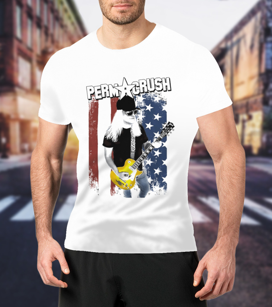 Perm A Crush Long Blonde Hair Yellow Guitar American Flag T-Shirt
