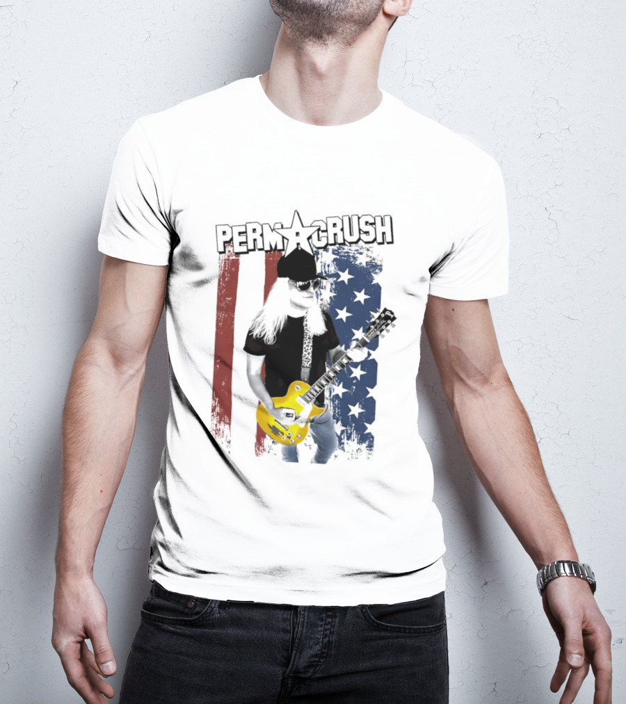 Perm A Crush Long Blonde Hair Yellow Guitar American Flag T-Shirt