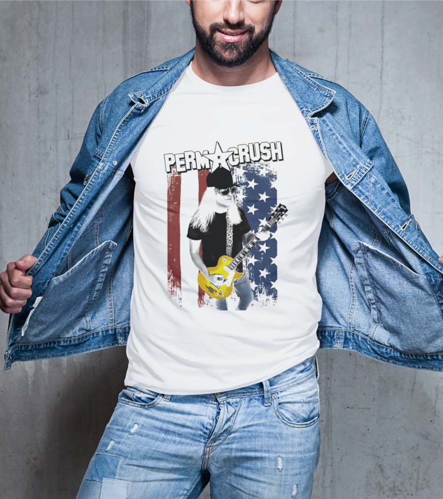 Perm A Crush Long Blonde Hair Yellow Guitar American Flag T-Shirt